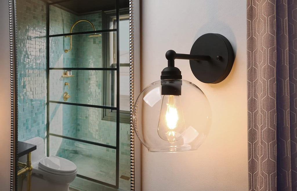 Black Brass Globe Glass Shade Vanity Bathroom Wall Sconce | 1-Light﻿ Indoor Hardwired Wall Industrial Fixture Lights