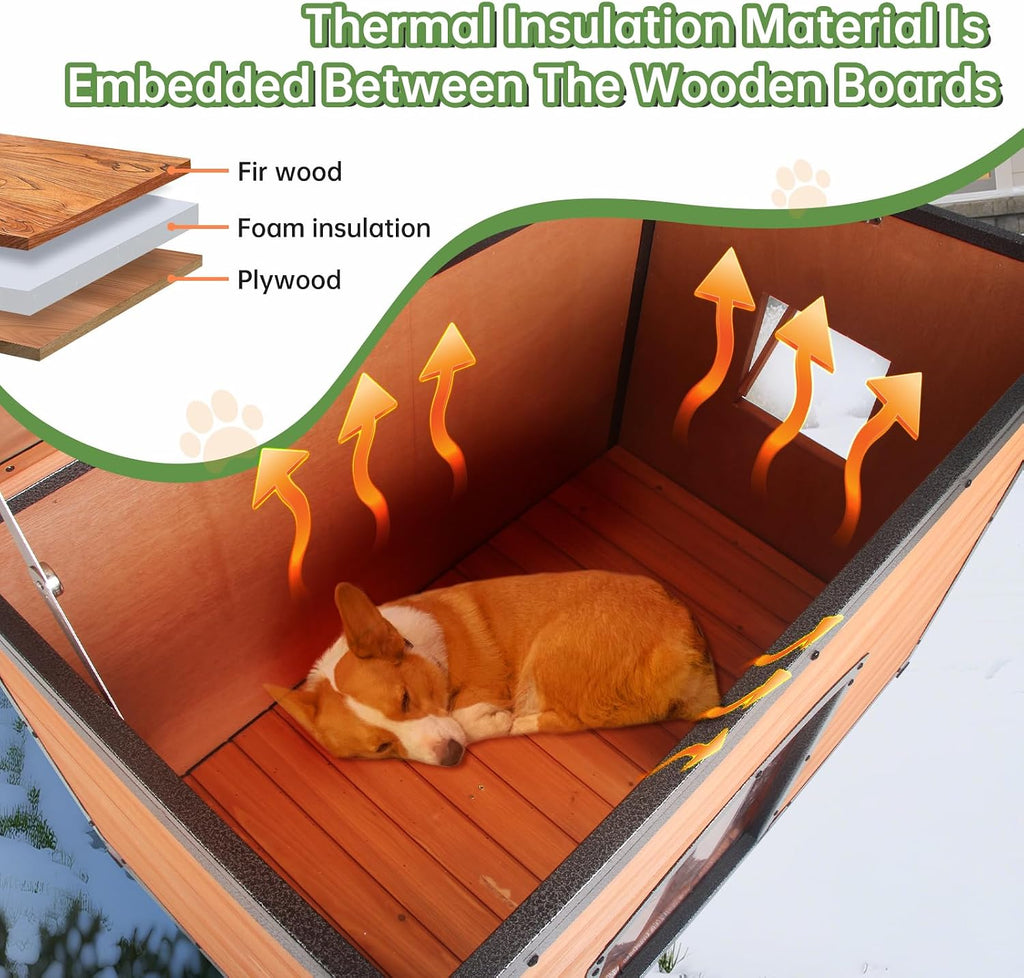 Insulated Outdoor Wooden Dog House, Weatherproof Chew Resistant Metal Frame