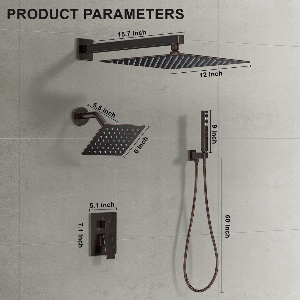 Rain Shower System 12"&6" Shower Heads Wall Mount Shower Faucet Set