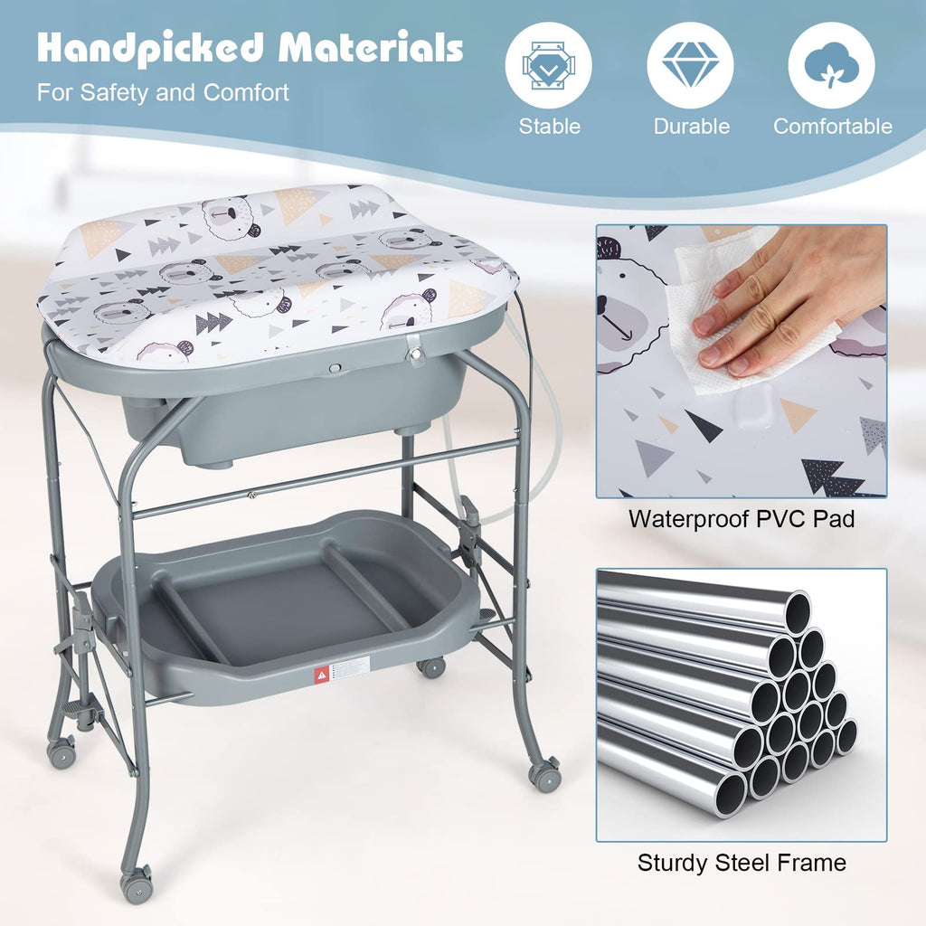 Bathtub with Stand, 2 in 1 Bath Tub & Changing Table, Foldable Infant Diaper Changing Station with Wheels, Storage