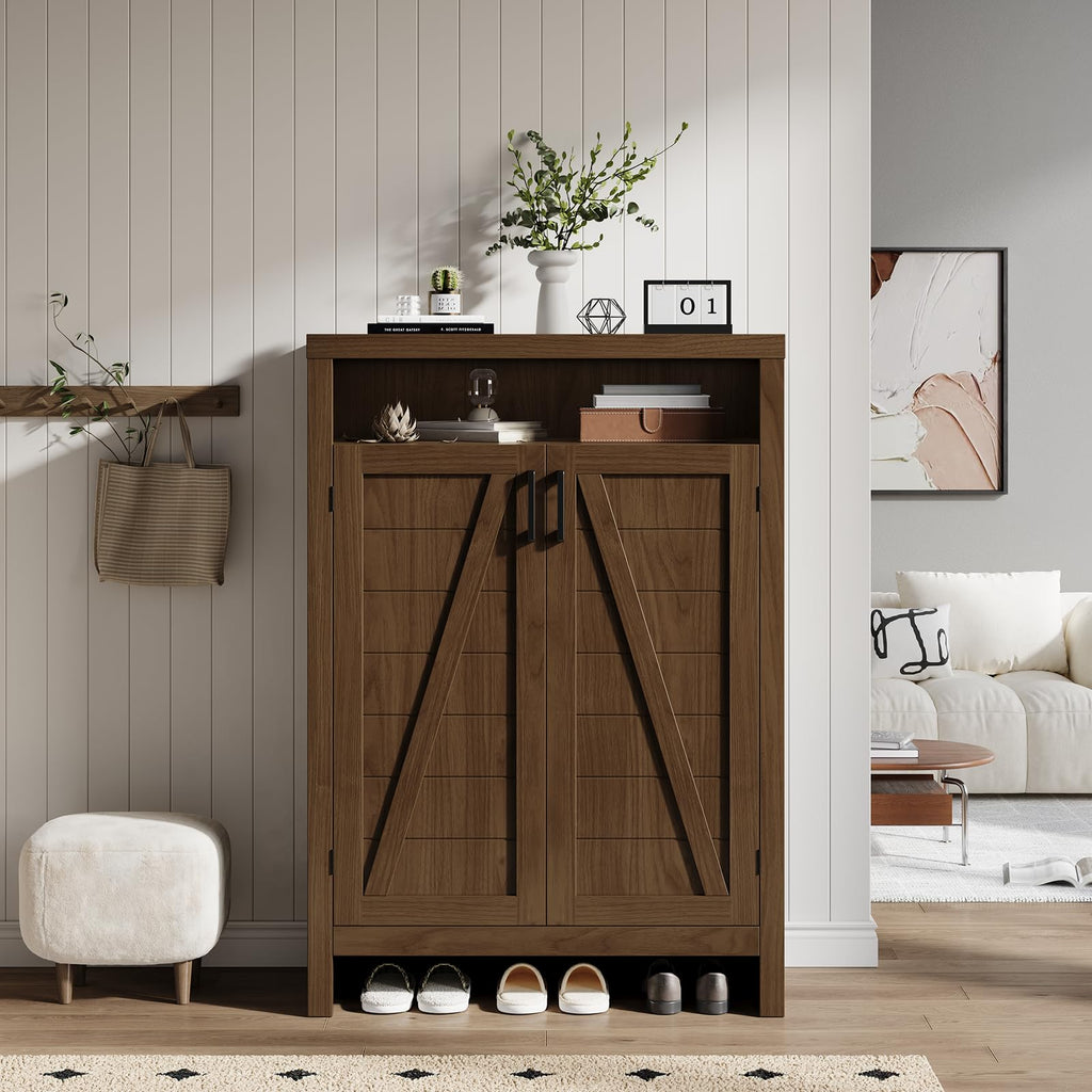 6-Tier Shoe Cabinet with Door, Farmhouse Shoe Storage Cabinet, Walnut