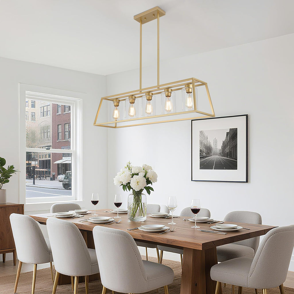 Gold Rectangle Chandeliers Light fixture Over Table