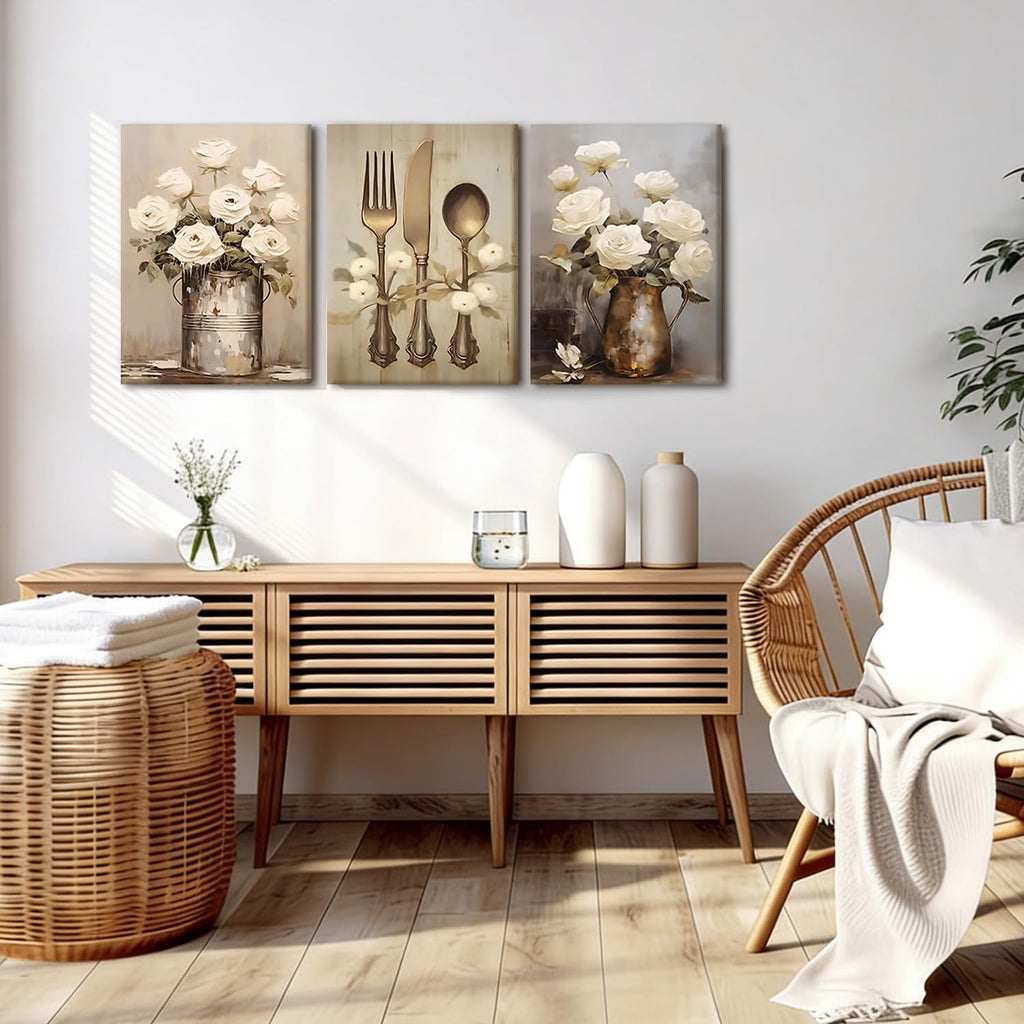 3 pcs Vintage Floral Kitchen Canvas Framed Wall Art 12x16 inch