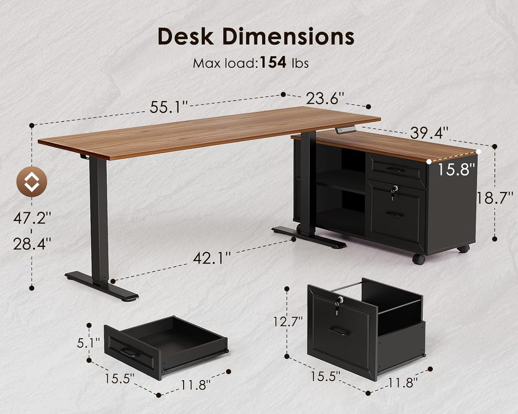 55" L Shaped Electric Standing Desk with Cabinet Sets, Walnut/Black | Mobile Drawers & File Cabinet Sets for Flexible
