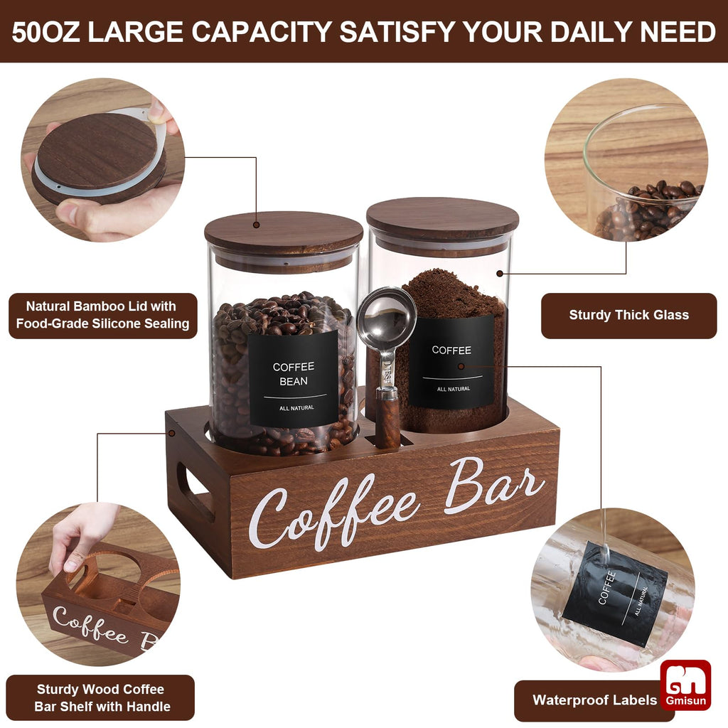 Coffee Canister, 2 Pack 50 Fl oz Glass Canisters with Airtight Lids, Coffee Grounds Storage Container Jars with