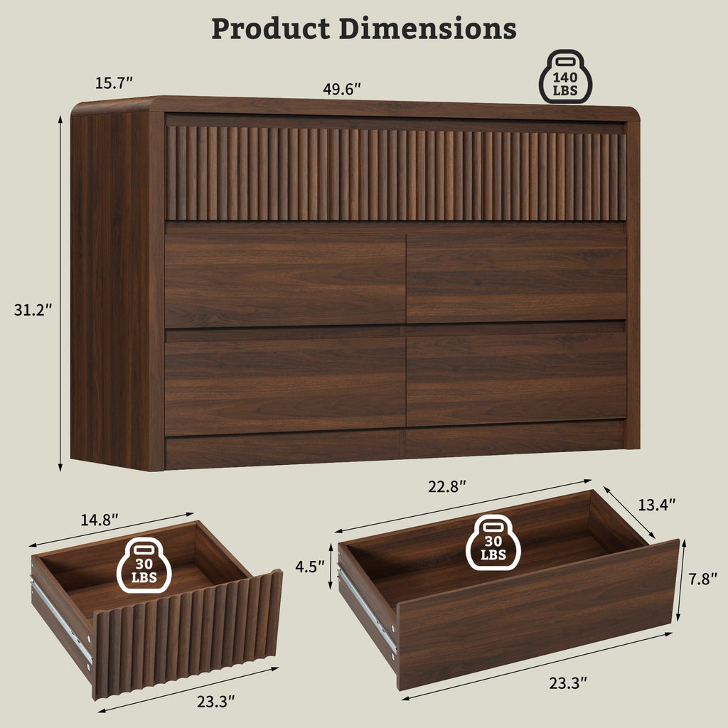 Walnut Fluted 7 Drawer Dresser, Curved Edge, 50" Wide