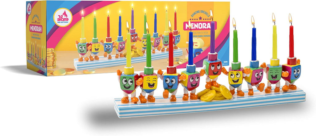 Hand Painted Resin Hanukkah - Theme Menorahs for Chanukah - Dancing Dreidels Chanukah for Kids