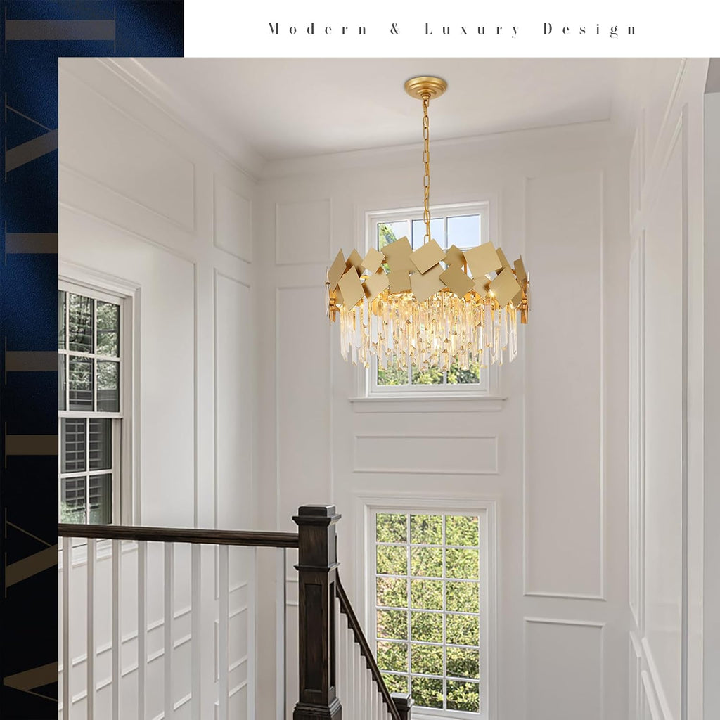 Modern Crystal Chandelier Gold 24" Round Chandeliers for Dining Room 9 Light Drum Ceiling Pendant Light Fixture K9
