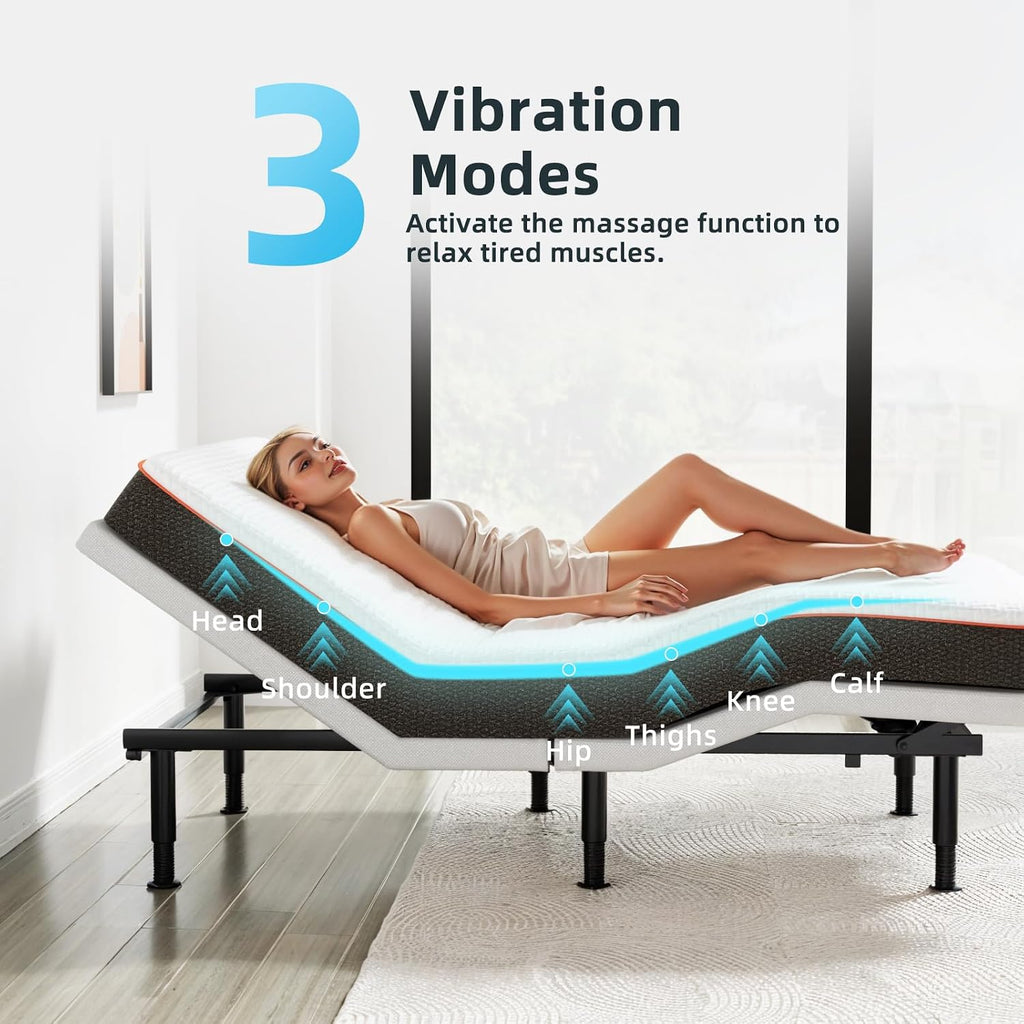 King Adjustable Bed Base Frame, Massage & Wireless Remote, Dual USB Ports,Ergonomic Upholstered Bed Frame, Lift
