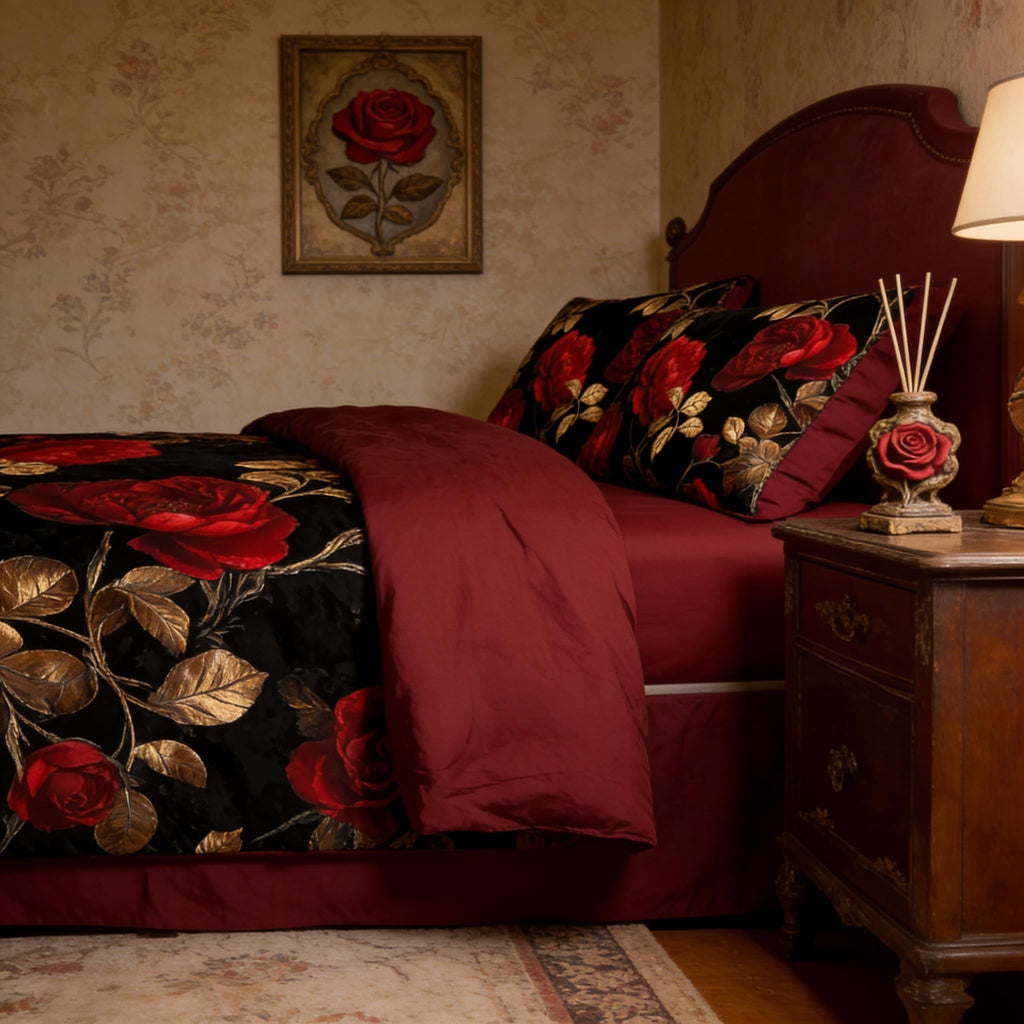 Black Red Rose Comforter Set King, 3Pcs Gothic Floral Bedding