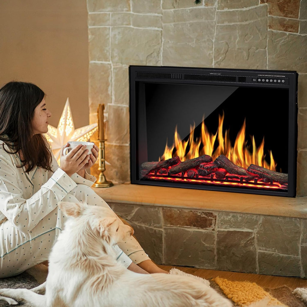 34" Electric Fireplace Insert, Adj.Flame & Log Colors, Remote, 750/1500W