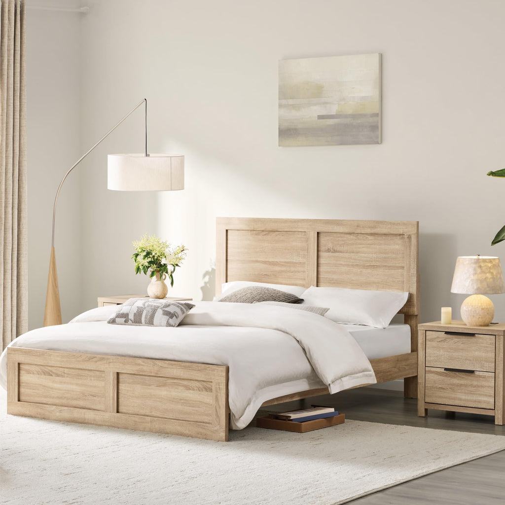 Wood Bed Frame with Headboard and Footboard, Natural, Queen