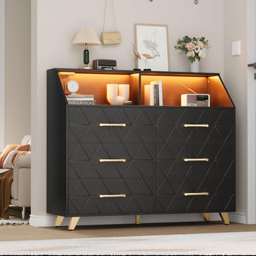 6 Drawer Dresser with LED Lights & Charging Station, Wooden Black Dresser, Modern TV Stand Dressers & Chests of