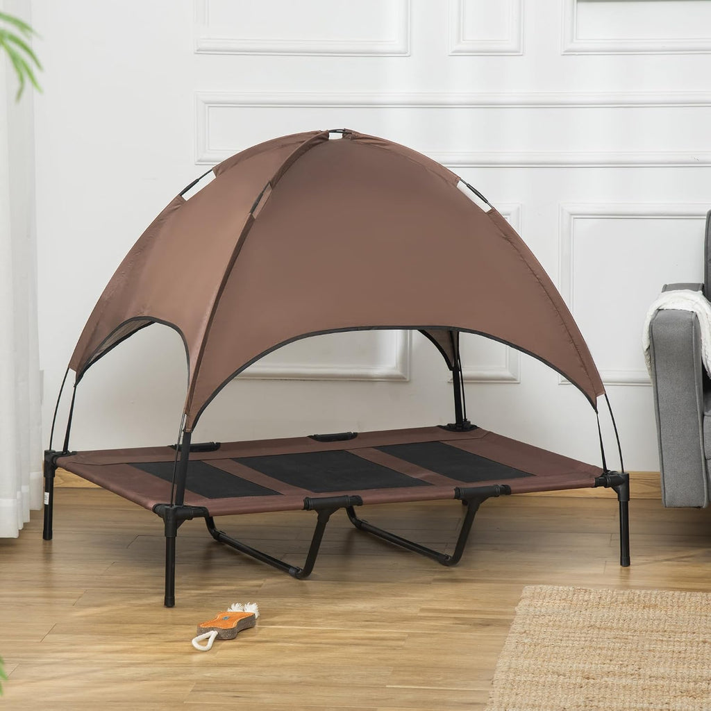 Metal Pet Bed, Coffee, Elevated Dog Bed with Removable Canopy, Outdoor Dog Cot with UV Canopy Shade, 48 x 36.3 x 42.5