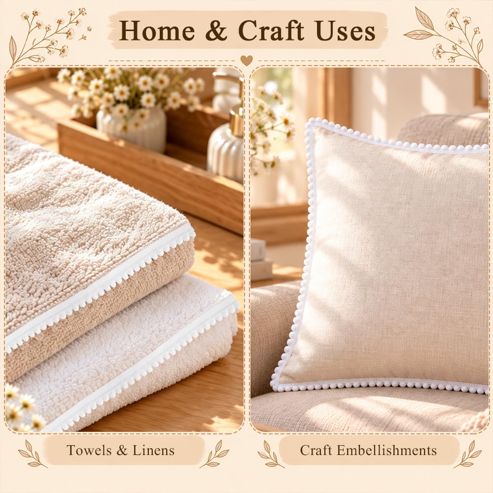 Pom Pom Trim Ribbon, 10 Yards White Pom Ball Fringe Trim for Sewing DIY