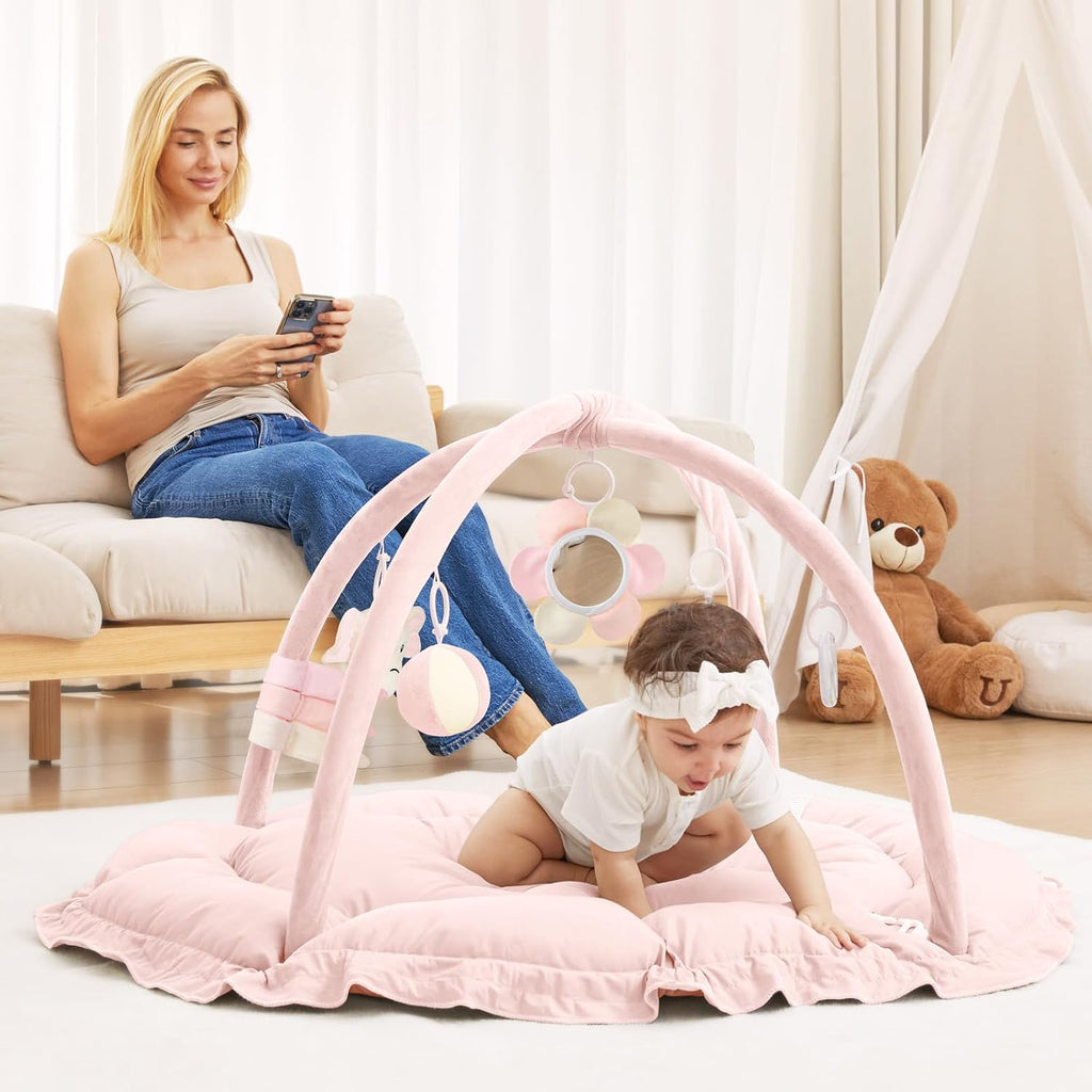 5 in 1 Baby Play Gym Mat, Reversible Tummy Time Mat with 5 Sensory Toys for Stage-Based Developmental, Thick & Large