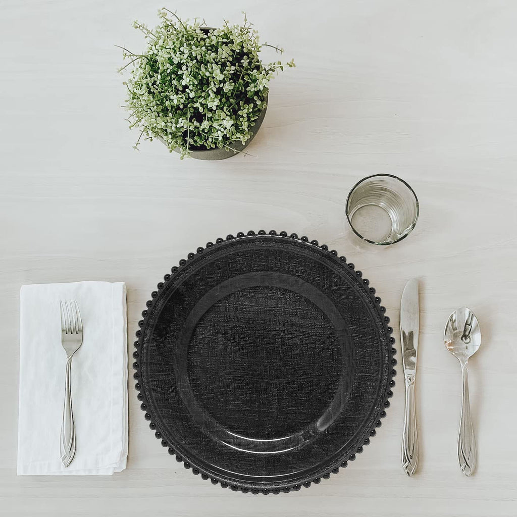 Cross-stitch Pattern Glass Charger 12.6 Inch Dinner Plate With Beaded Rim - Set of 4 - Black