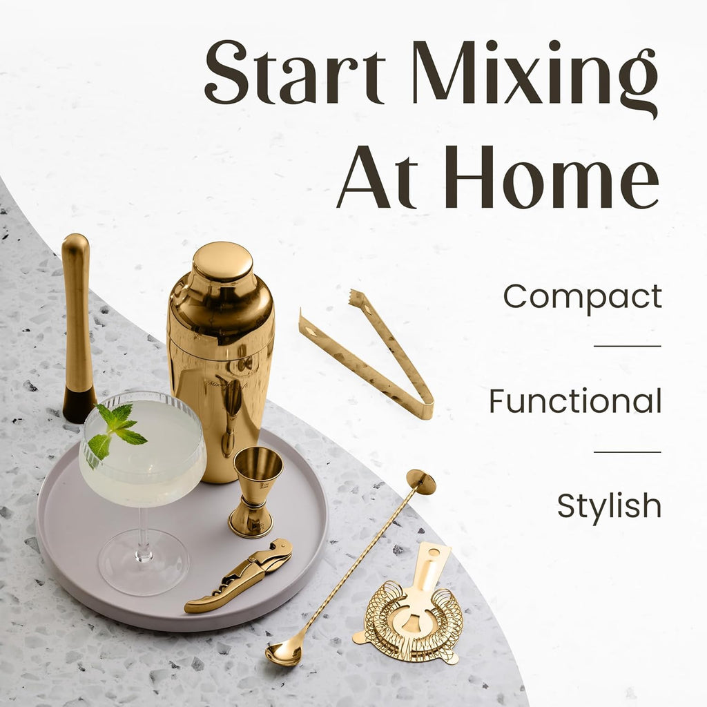 Cocktail Shaker Set with Dark Bamboo Stand - Professional 10-Piece Bartender Kit - Complete Bar Set & Cocktail Mixer