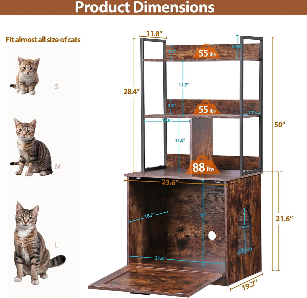 2-in-1 Cat Litter Box Enclosure with Storage Shelves, Hidden Cat Litter Box Enclosure Furniture with Entrance (Rustic