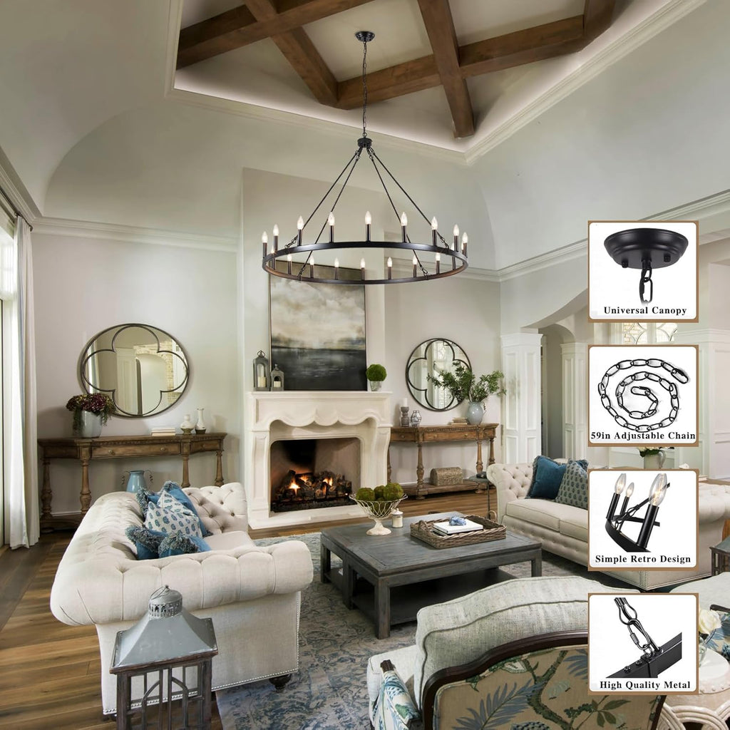 Inspired Camino Style Chandelier - 47.2 inches Black Wagon Wheel Chandelier- 20 Light Large Farmhouse Chandelier Industrial Rustic Dining Room Light Fixture Round High Ceiling Pendant Light for Living Room Entryway Foyer A105-B0C76Y9CV8