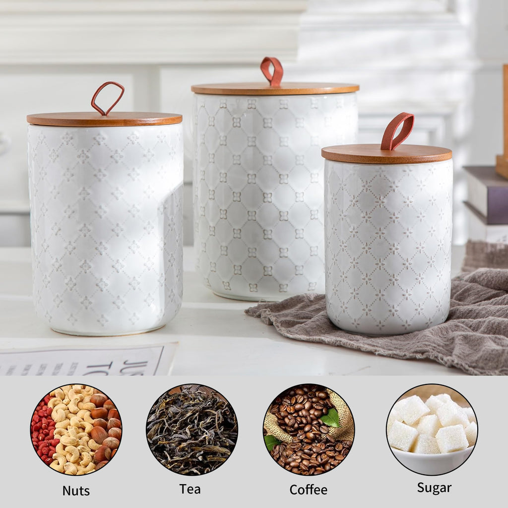 White Ceramic Canisters Set with Airtight Lids, 82/48/30 oz Coffee Canisters Sets for the Kitchen, Large Jars for