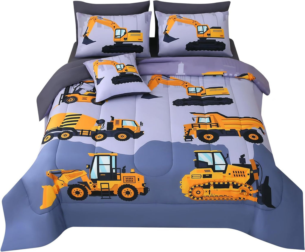 Construction Twin Bedding Sets for Boys Kids,6 Piece Bed in A Bag 3D Cartoon Car Excavator Tractor Comforter Set with Sheet Set,Trucks Cars