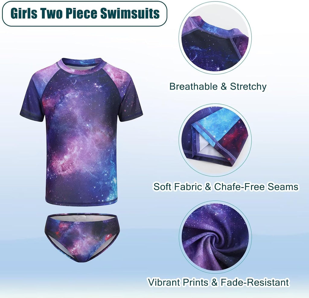 Girls Two Piece Swimsuits Short Sleeve Rash Guard Swim Shirt Bikini Bottom Swim Set Bathing Swim Set Swimwear