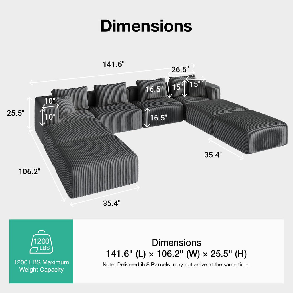 141" Modular Sectional Sofa, U Shape Oversized Sectional Couch, Modern Cloud Design with Smarts Coil Support
