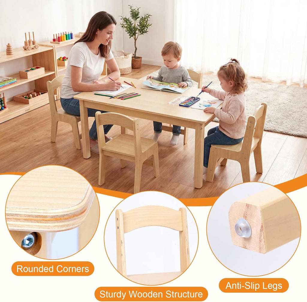 Toddler Table and Chair Set, Anti-Slip Legs & Rounded Corners, Sturdy Wooden Kids Table and Chairs for Eating