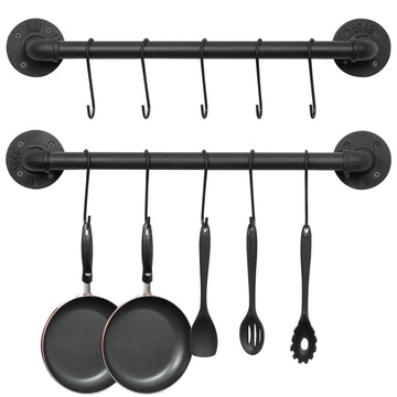 21'' Pot Rack Wall Mounted, Iron Pipe Hanging Rack, 10 S Hooks, 2Pack