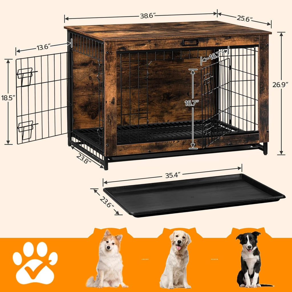 Dog Crate Furniture, 38.6" Large Dog Kennel Indoor, Wooden Cage with Pull-Out Tray
