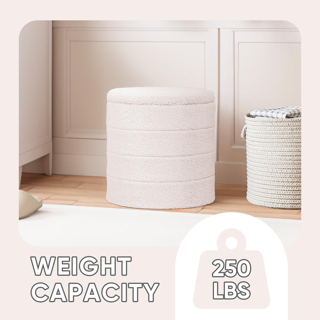 Round Folding Storage Ottoman, Cream Boucle Footstool
