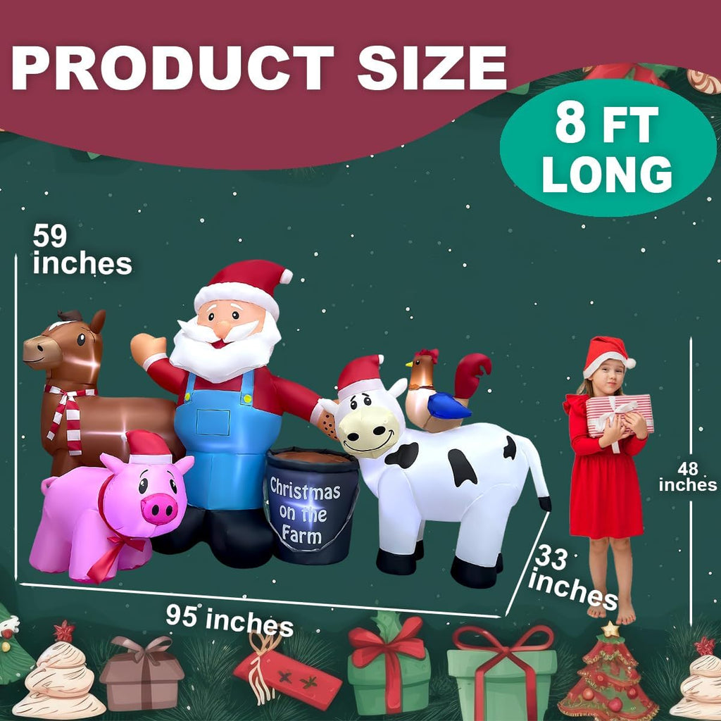8ft Long Christmas Inflatables Santa Farm Scene Decorations Built-in LED Lighted Blow Up Decoration Home Yard Outdoor