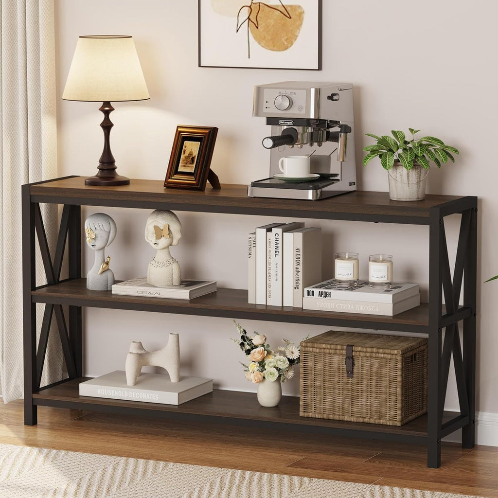 Console Table , Modern Entry Table with 3 Tier Shelves, Couch Tables Behind Sofa (55 Inch, Dark Walnut)