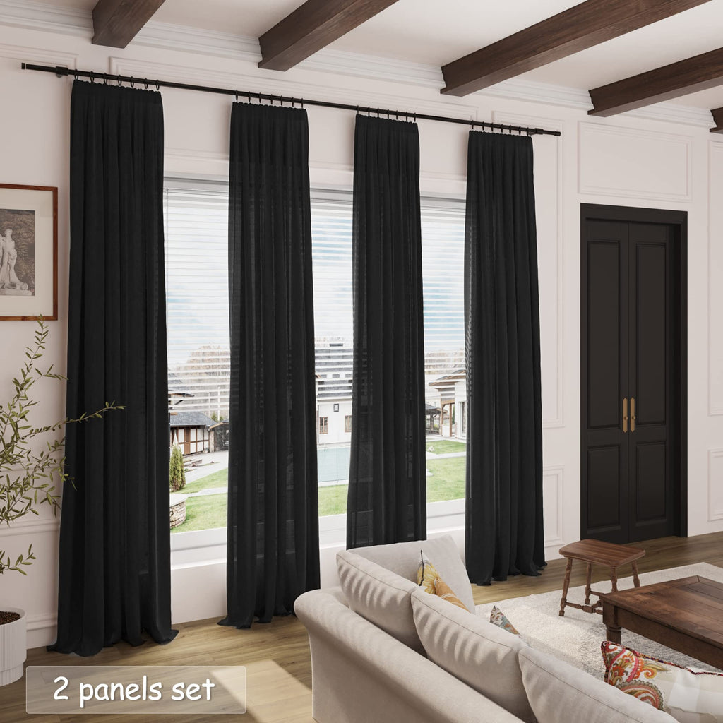 Black Linen Curtains 84 inches Long 2 Panels Back Tab Light Filtering Privacy Sheer Black Curtains Muslin Look Modern