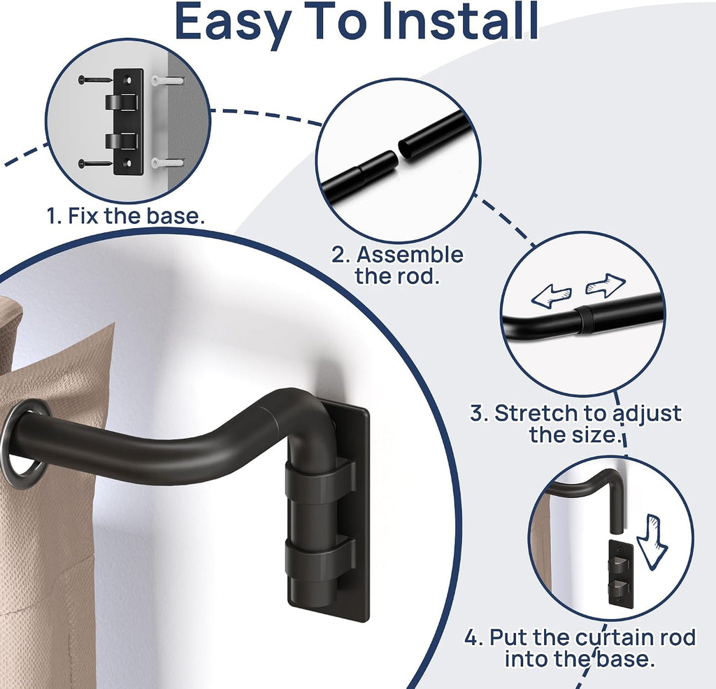 Blackout Curtain rod for windows 48 to 84, Wrap Around Curtain Rods, Adjustable from, Matte Black