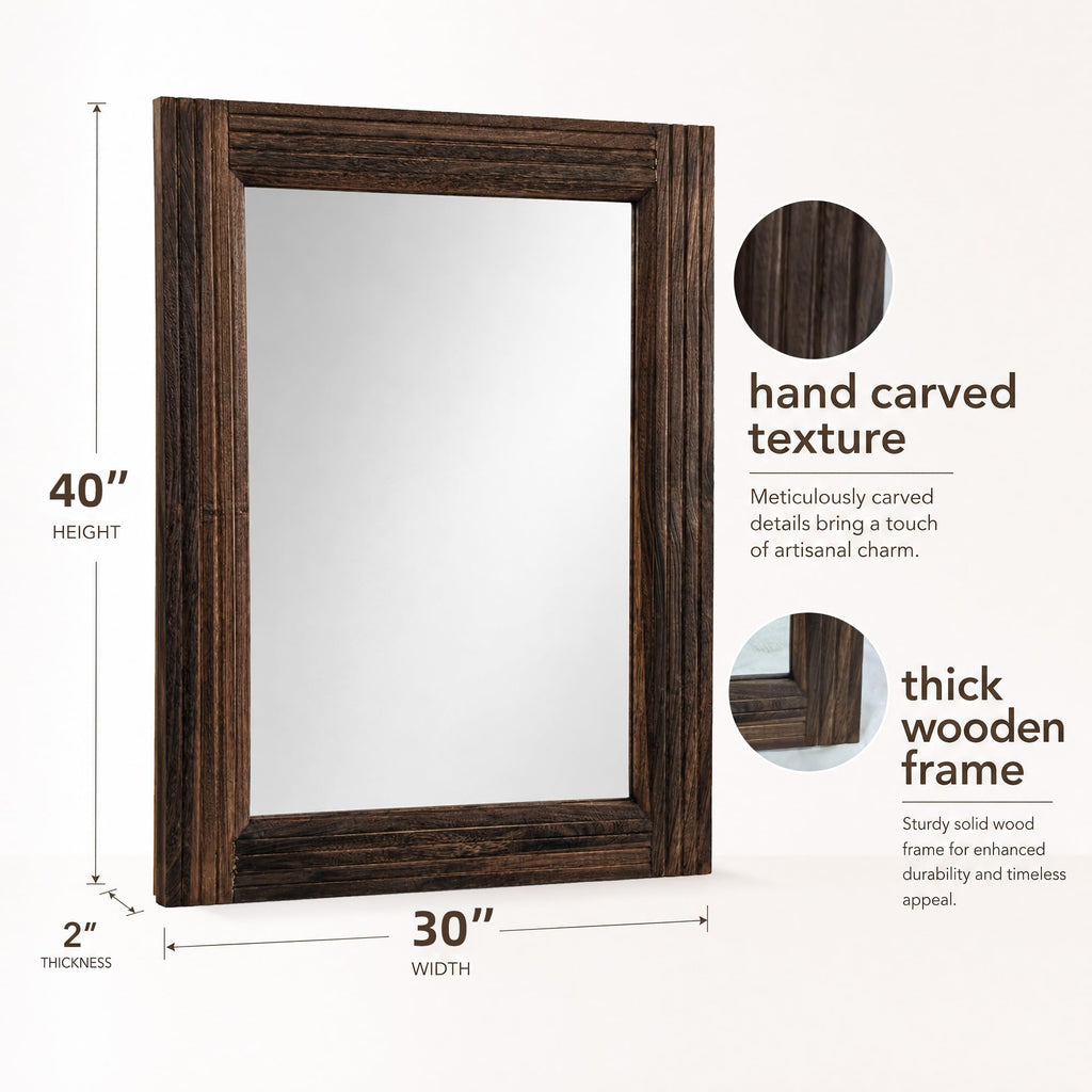 40"x30" Wood Framed Rectangle Farmhouse Rustic Wall Mirror, Brown