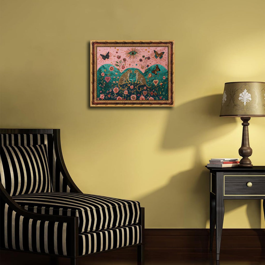 Mystical Leopard and Butterfly Wall Art with Gold Vintage Frame, Surreal Botanical Folk Art Print, Embroidery Style