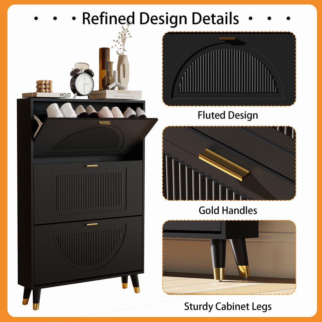 Black Narrow Shoe Cabinet Storage with 3 Flip Drawers