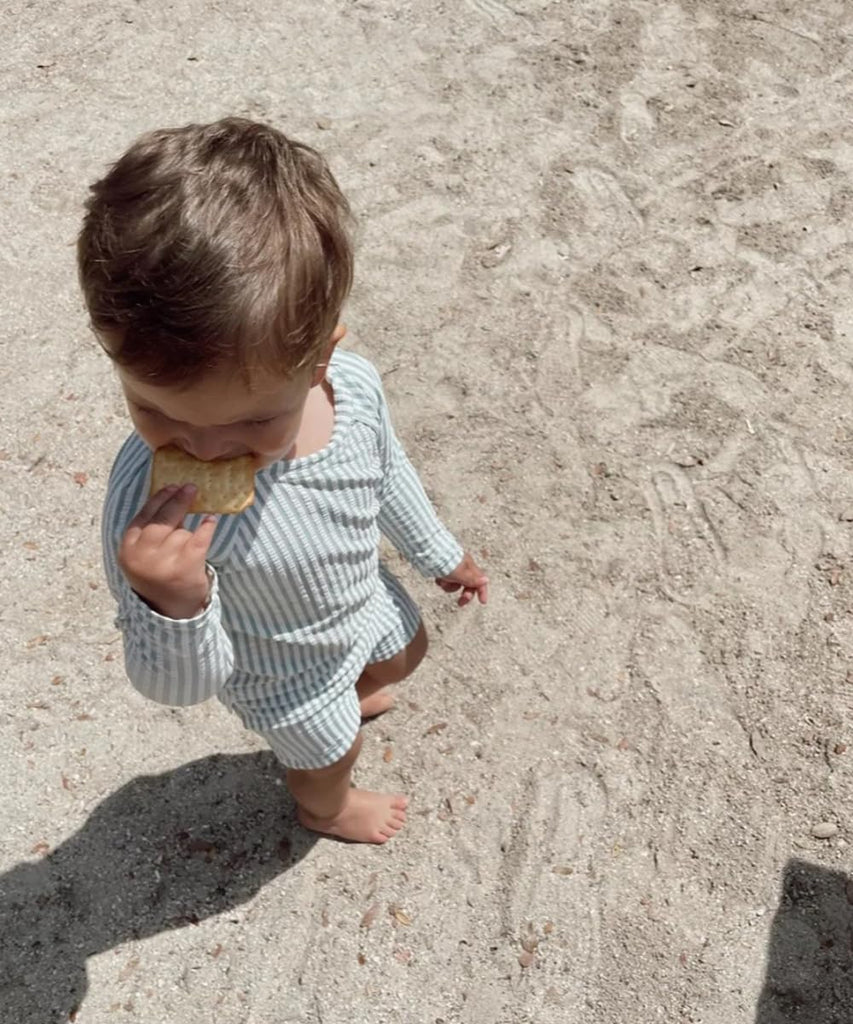Toddler Boys Two Piece Swimsuit Rash Guard Set Long Sleeve Swim Shirt Swim Trunks& Shorts Blue Seersucker Bathing Suit