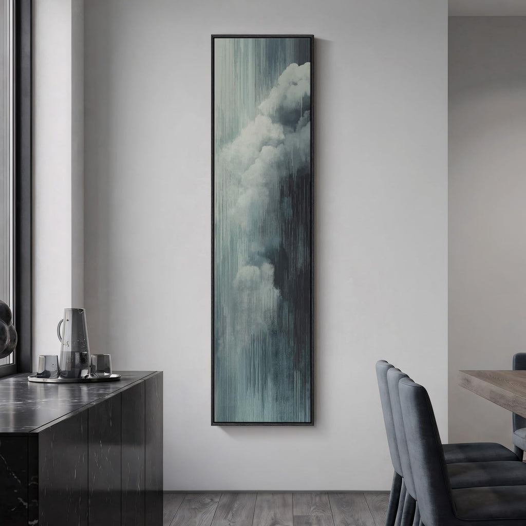 Framed Long Narrow Blue Cloud Abstract Modern Vertical Wall Art, 14x56 Inch