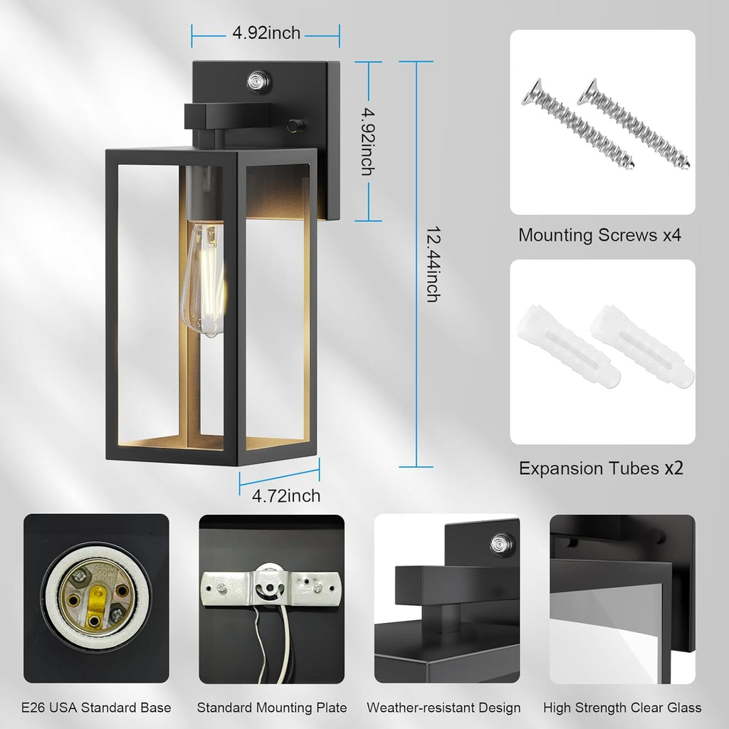 Dusk to Dawn Outdoor Wall Sconce, Black Waterproof Porch Light Fixture with E26 Socket & Glass Shade, Modern Exterior Lantern for Patio Entryway (2 Pack)