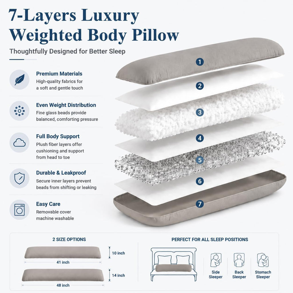 Weighted Body Pillow 6.5lbs Cooling Body Pillow (41" x 10") | Filled with Glass Beads Support for Deeper Sleep &