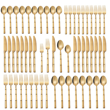 Gold Silverware Set Bamboo Pattern Handle 60-Piece Service for 12