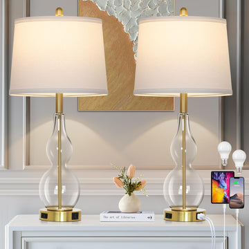 27.5" Clear Glass Table Lamp Set of 2, 3-Way Dimmable Touch Control Bedside Lamps with USB Ports and AC Outlet, Modern