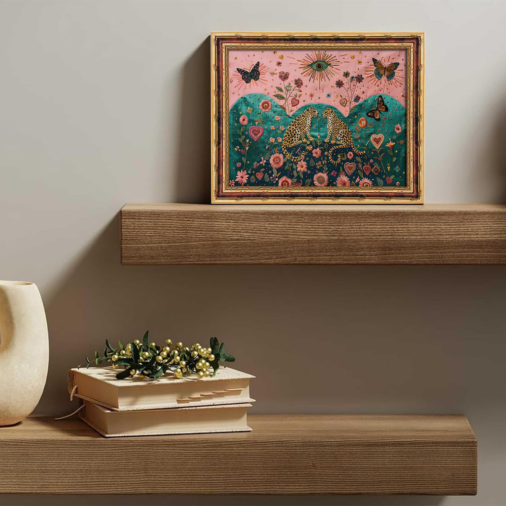 Mystical Leopard and Butterfly Wall Art with Gold Vintage Frame, Surreal Botanical Folk Art Print, Embroidery Style