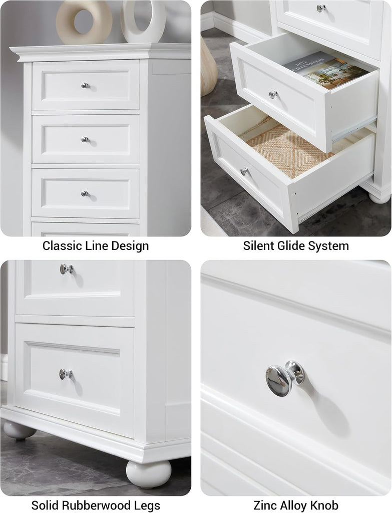 Tall Skinny Dresser with 7 Drawers, White Narrow Wood Dresser | Tall Vertical Chest of Drawers Dresser for Closet