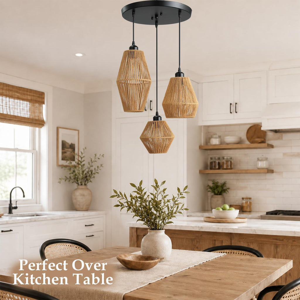 3-Light Rattan Pendant Light, Hand Woven Boho Chandelier, Wicker Pendant Light Fixture, Kitchen Dining Room Chandelier