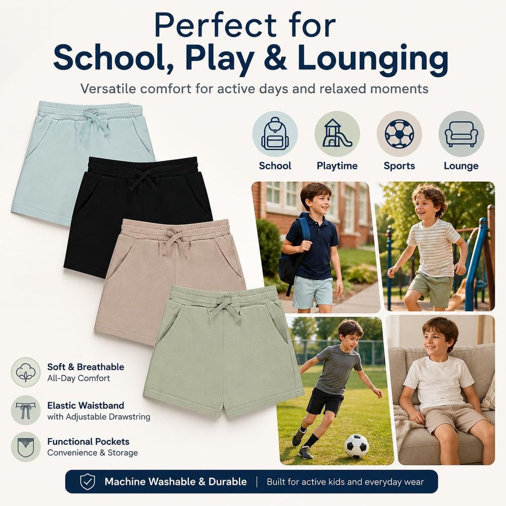Boys 4 Pack French Terry Shorts Soft Breathable Cotton Lounge Shorts with Elastic Waist Drawstring