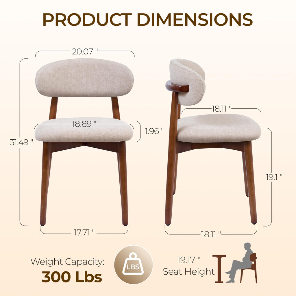Mid Century Modern Dining Chairs Set of 2, Farmhouse Wooden Velvet Fabric Upholstered Kitchen Chairs with Curve Back